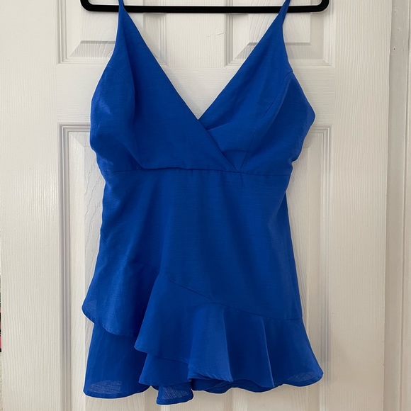 Ruffled Mini Dress Romper - Cobalt Blue - Large - Picture 2 of 10